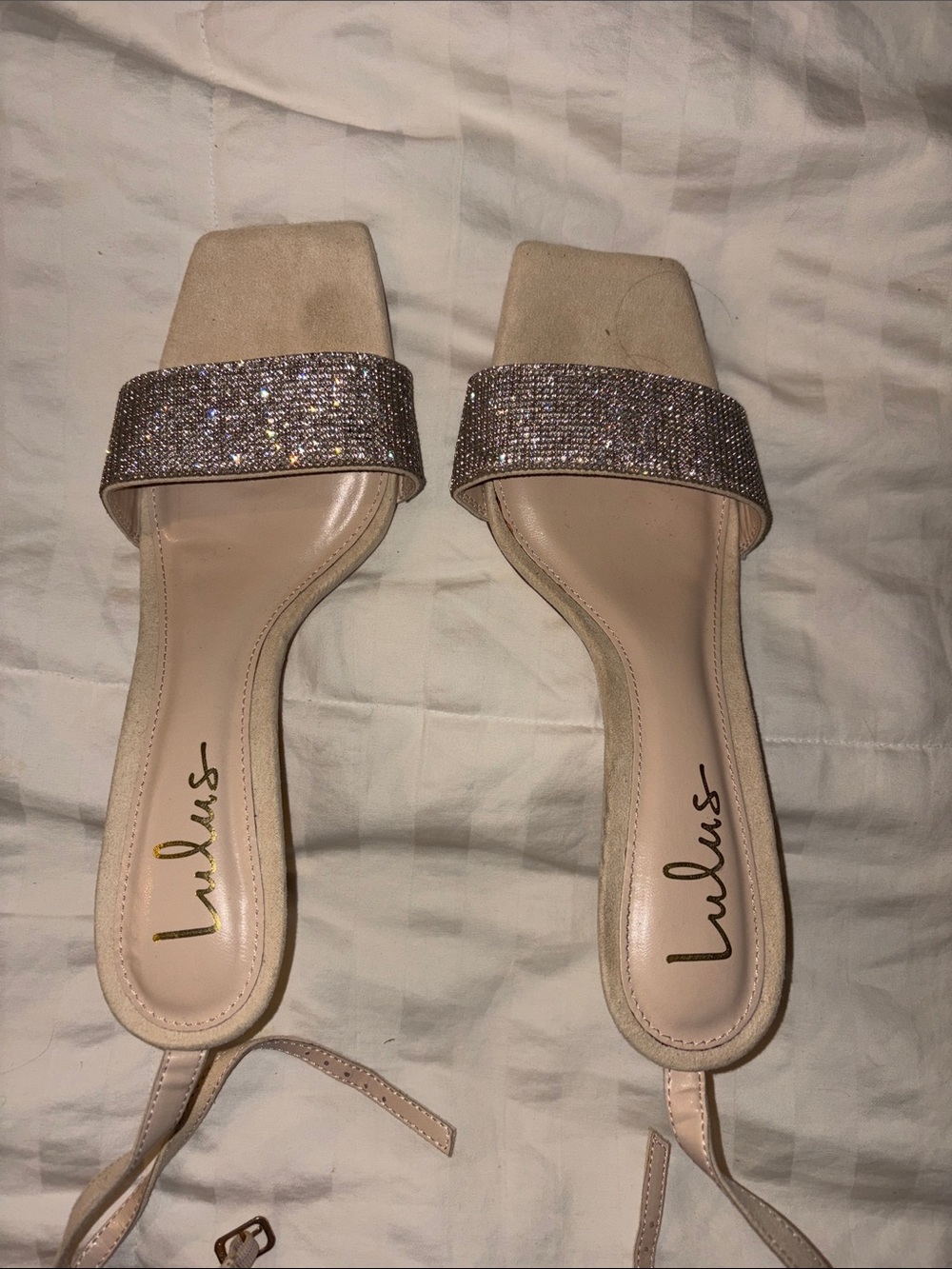 Trendy Lulu's Nude Rhinestone Strap Heels🔥